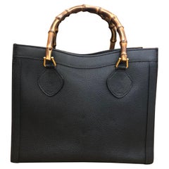 Vintage 1990s Gucci Black Leather Bamboo Tote Diana Tote (Medium)
