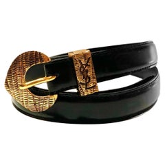 1990s Yves Saint Laurent Gold Tone Mesh Metal buckle Black Leather Belt 