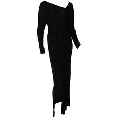 70s Halston Black Silk Jersey Dress with Asymmetric Neckline and Back Sz M 5