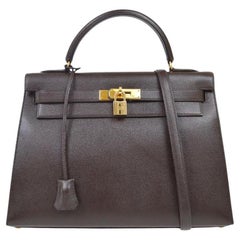 HERMES Kelly 32 Sellier Dark Brown Leather Gold Hardware Top Handle Shoulder Bag