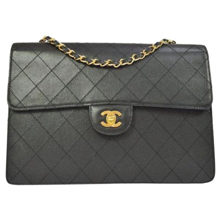 CHANEL Black Caviar Leather Gold Classic Jumbo Evening Shoulder Flap Bag For Sale