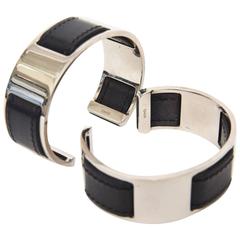 Hermes by Martin Margiela Pair of Black Leather and Chrome Plated Cuff Bracelets
