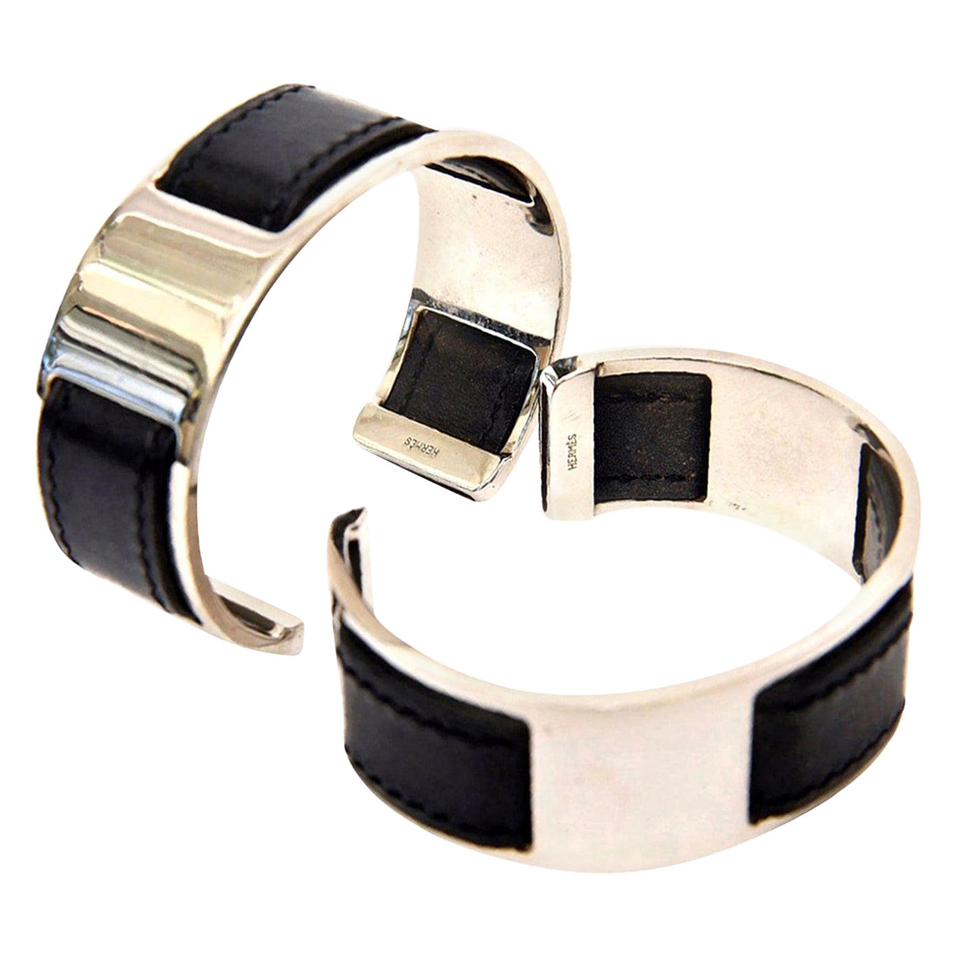  Hermes by Martin Margiela Black Leather & Chrome Plated Cuff Bracelets For Sale