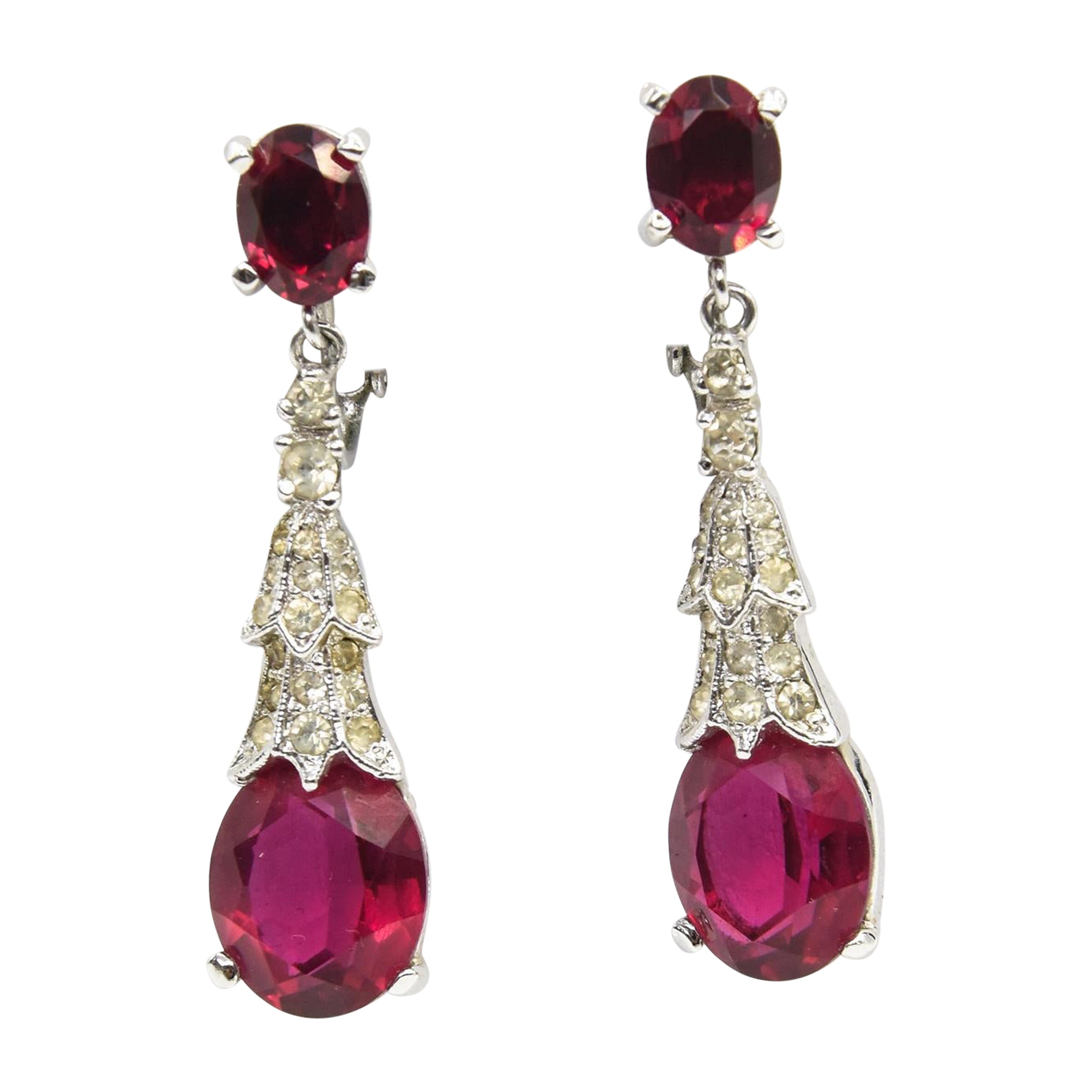 Panetta Faux Ruby and Diamond Crystal Drop Dangle Clip On Earrings
