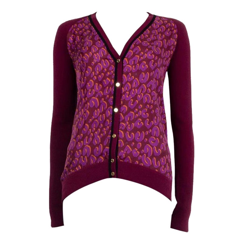 LOUIS VUITTON purple wool LEOPARD SILK FRONT Cardigan Sweater M For Sale