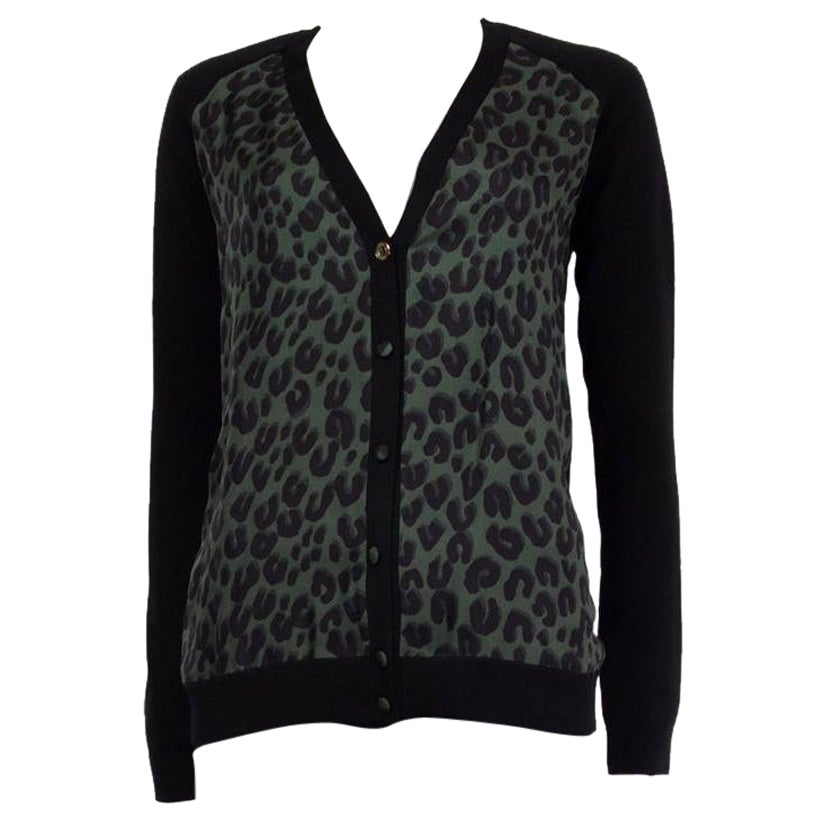 LOUIS VUITTON black wool & green LEOPARD SILK FRONT Cardigan Sweater M For Sale