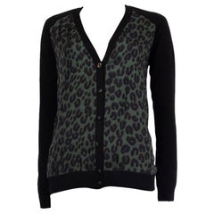 LOUIS VUITTON black wool & green LEOPARD SILK FRONT Cardigan Sweater M