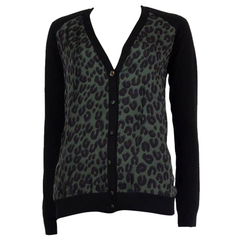 LOUIS VUITTON black wool and green LEOPARD SILK FRONT Cardigan Sweater M  For Sale at 1stDibs