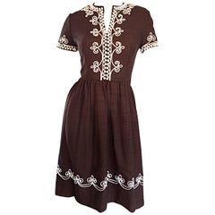 1960s Oscar de la Renta Brown + White Beaded Linen Embroidered Vintage 60s Dress