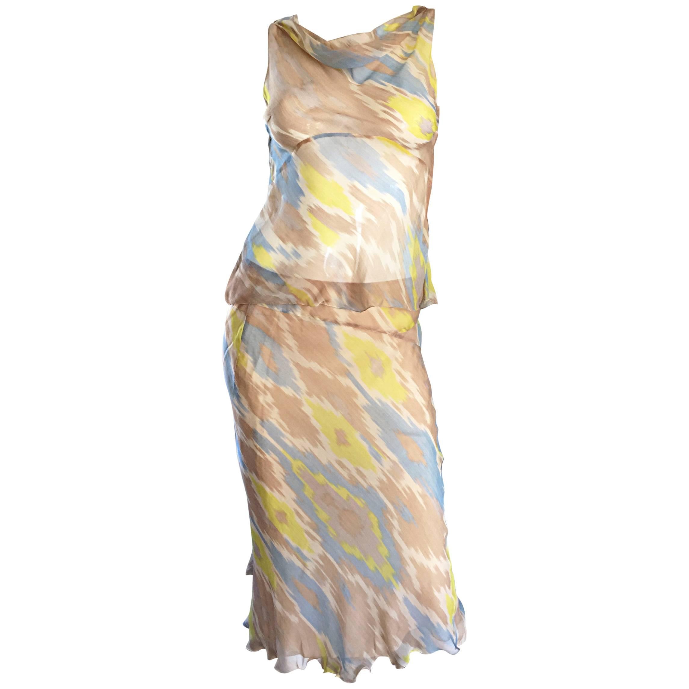 Alberta Ferretti 90s ' Ikat ' Print Silk Chiffon Semi Sheer Vintage Dress Set