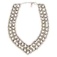 Chanel Rock Stud Silver 3 Row Metal Link V Necklace Signed 