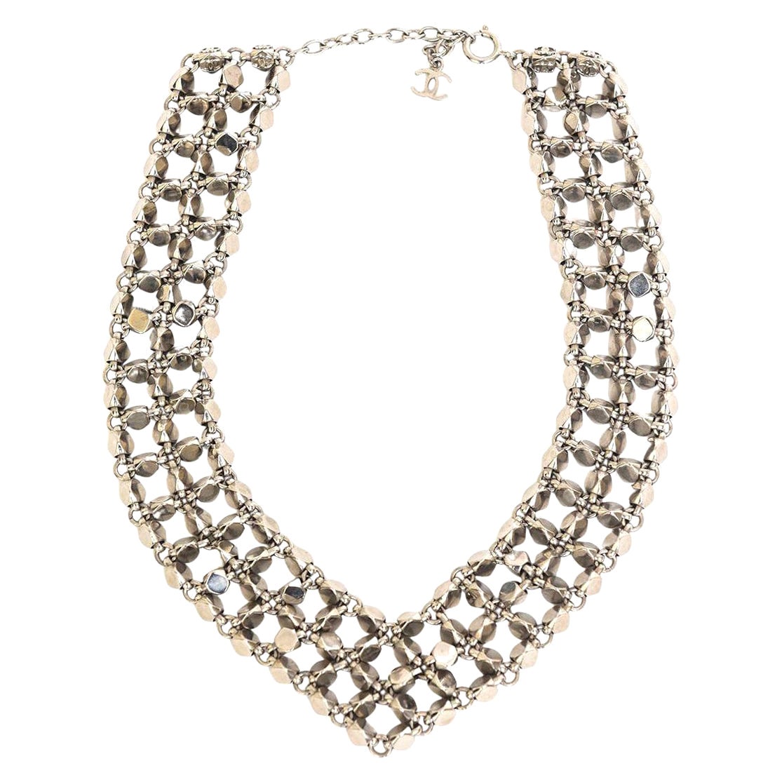 Signiert Chanel Silber Rock Stud 3 Row Metall Link V Halskette 90'S
