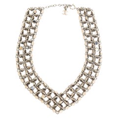 Signed Chanel Silver Rock Stud 3 Row Metal Link V Necklace 90'S