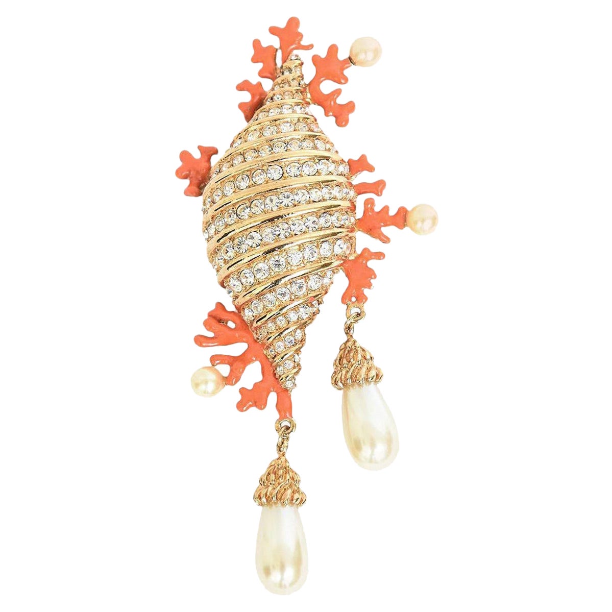 Hutton Wilkinson Coral Enamel Faux Pearl, Rhinestone Gold Plated Brooch /Pin  For Sale