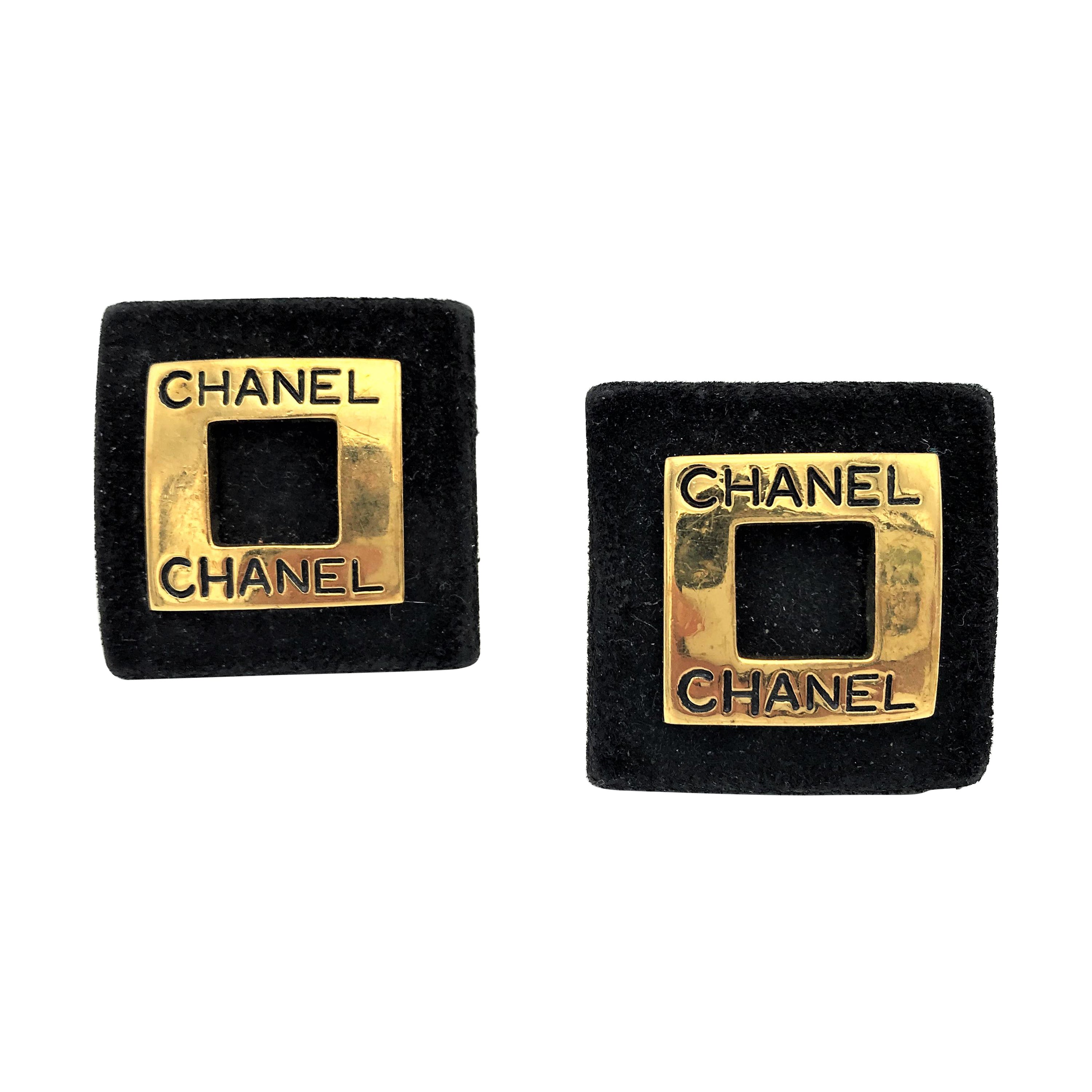 Chanel clip on earring, black suede with gold plated quadrat sign. 2CC9 For Sale