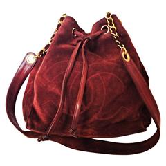 Retro CHANEL wine red suede leather hobo bucket shoulder bag with drawstrings