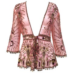 Cardigan Roberto Cavalli en maille de soie rose saumon brodé de perles et perlé