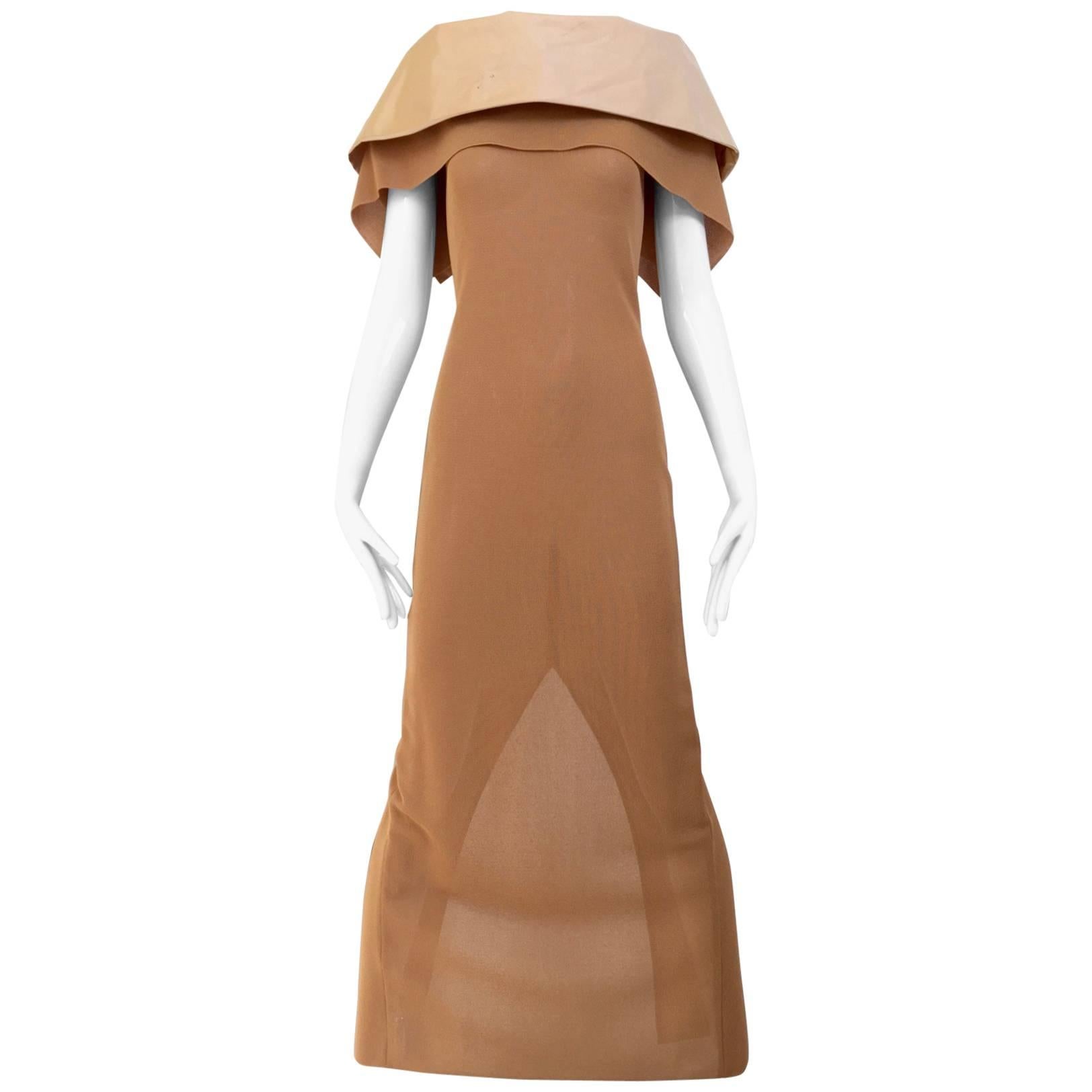 90s Gianfranco Ferre tan knit dress with silk collar For Sale