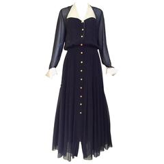 Vintage 80s CHANEL black silk dress with satin collar