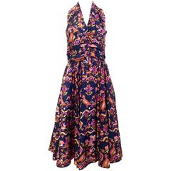 Vintage CHRISTIAN DIOR Ikat Print Silk Halter Cocktail Dress