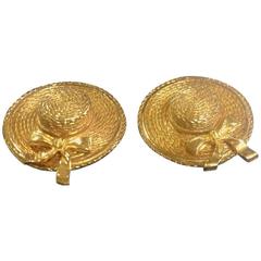 Vintage CHANEL gold tone straw hat design extra large earrings. Hat with ribbon