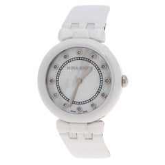 Nina Ricci White Mother of Pearl and Diamonds Ceramic Women's Wristwatch 38 mm