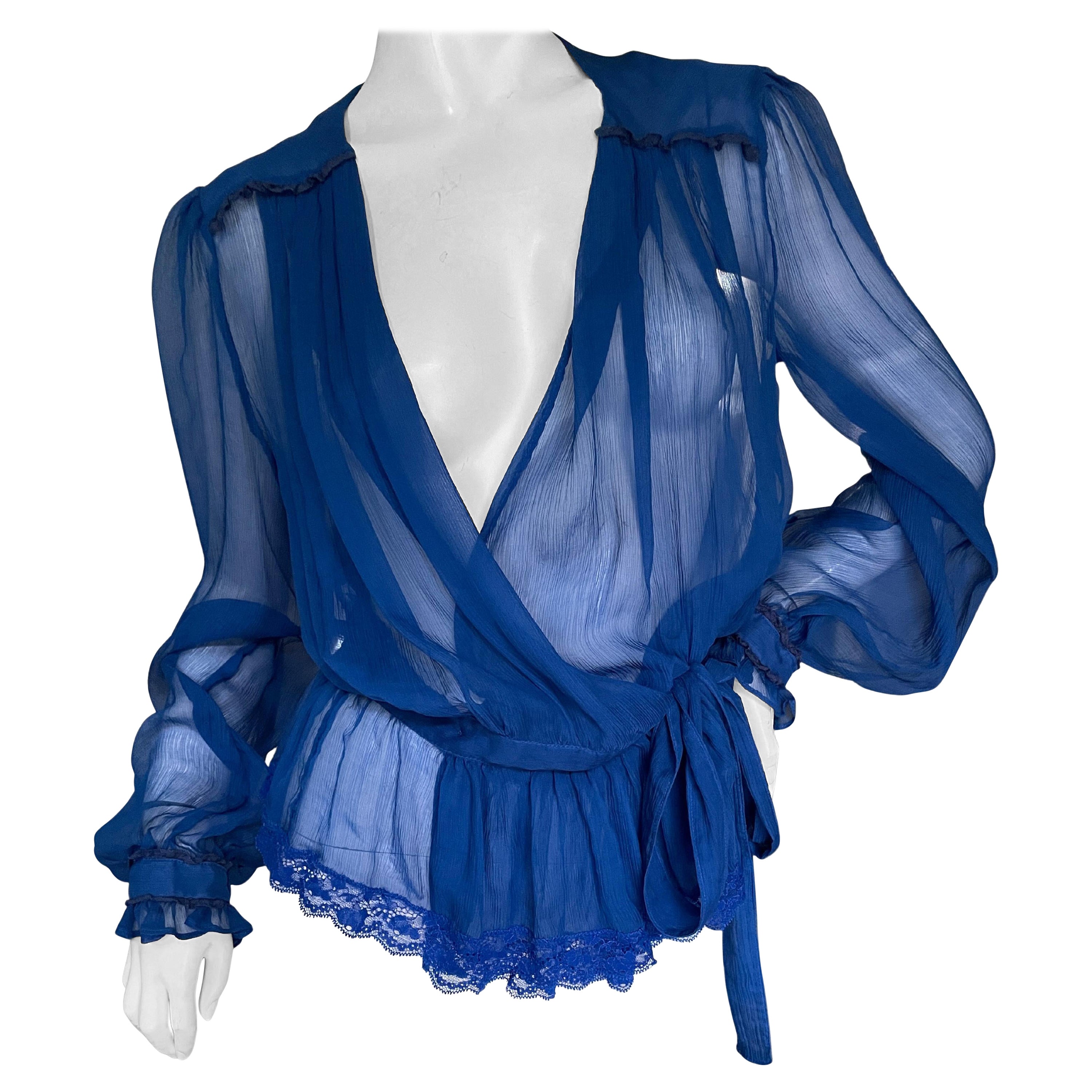 Dolce & Gabbana D&G Plunging Blue Vintage Sheer Silk Blouse  For Sale