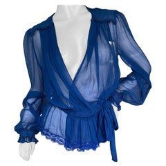 Dolce & Gabbana D&G Plunging Blue Vintage Sheer Silk Blouse 