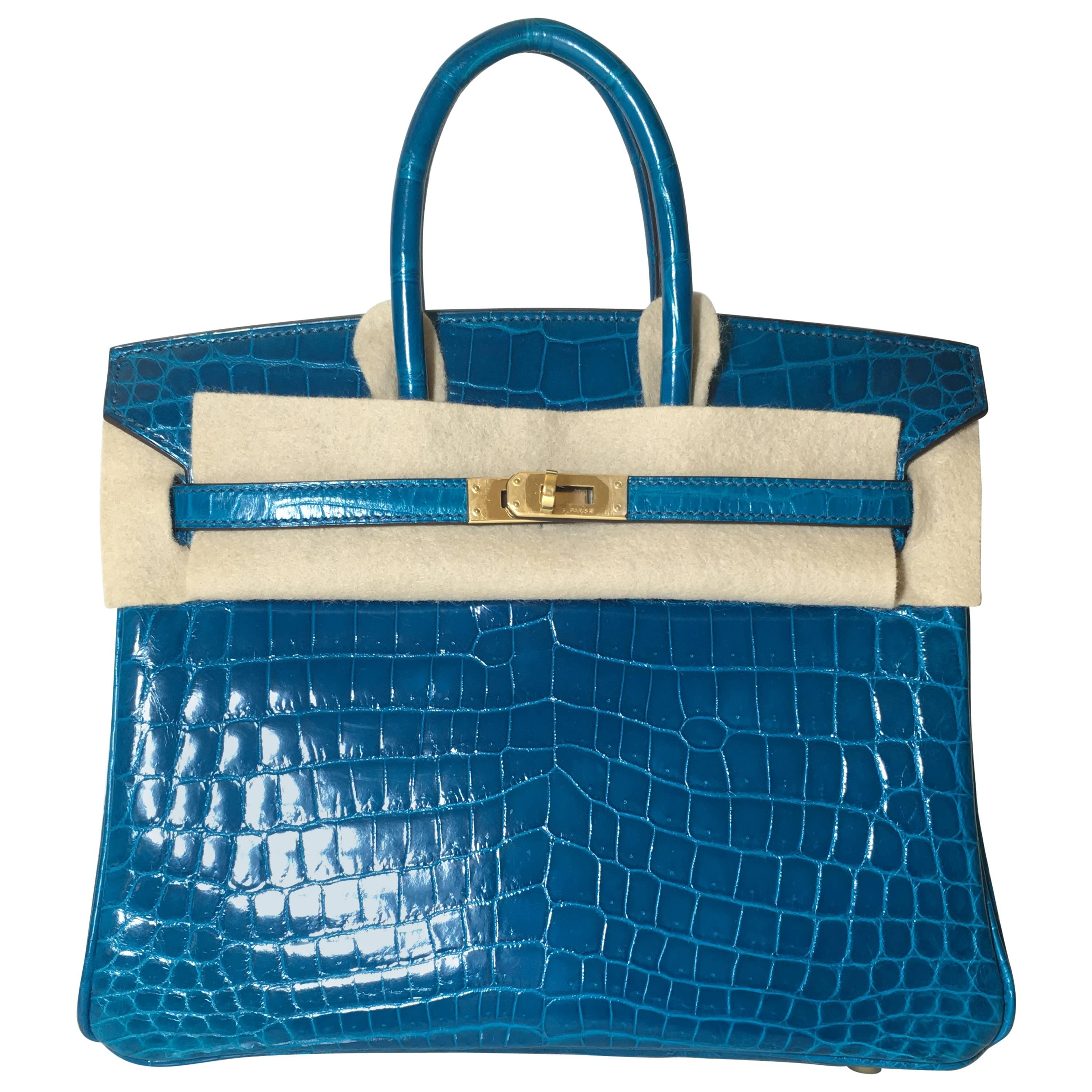 Rare Hermes  Birkin 25 crocodile prorosus blue izmir ghw