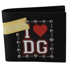 Dolce & Gabbana Black Leather Men's I Love DG Studs Bifold Wallet Purse 