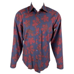 BURBERRY PRORSUM Fall 2014 Size M Navy & Burgundy Leaf Print Cotton / Silk Shirt