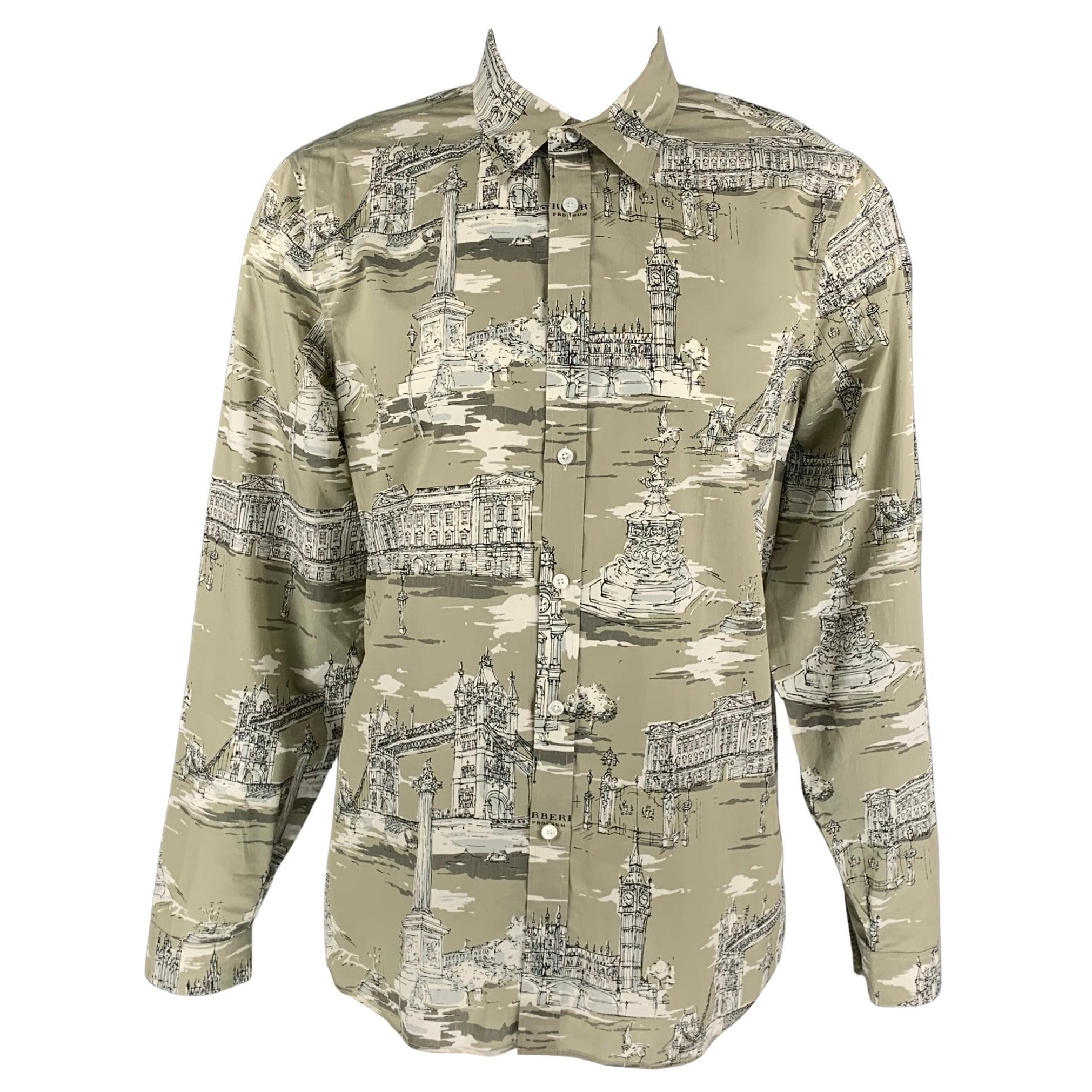 BURBERRY PRORSUM Fall 2014 Size XL Taupe & Beige London Landmark Print Shirt