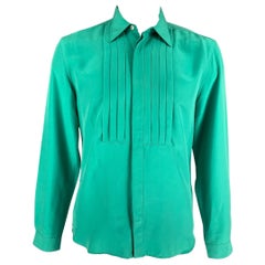 BURBERRY PRORSUM Spring 2014 Size L Jade Green Pleated Silk Long Sleeve Shirt