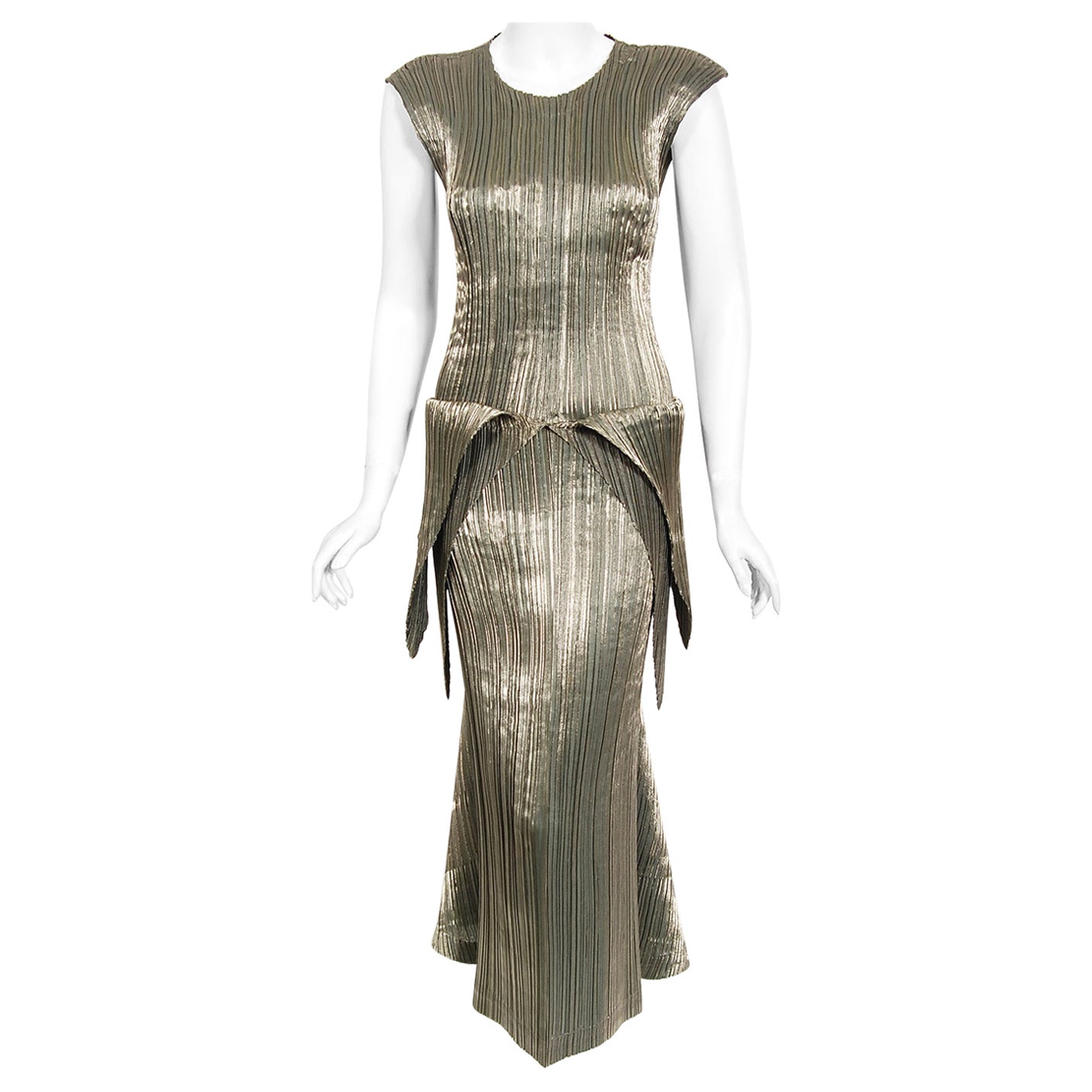 Vintage 1989 Issey Miyake Documented Metallic Gold Pleated Origami Tails Dress