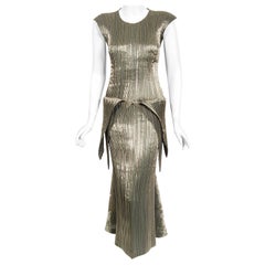 Vintage 1989 Issey Miyake Documented Metallic Gold Pleated Origami Tails Dress