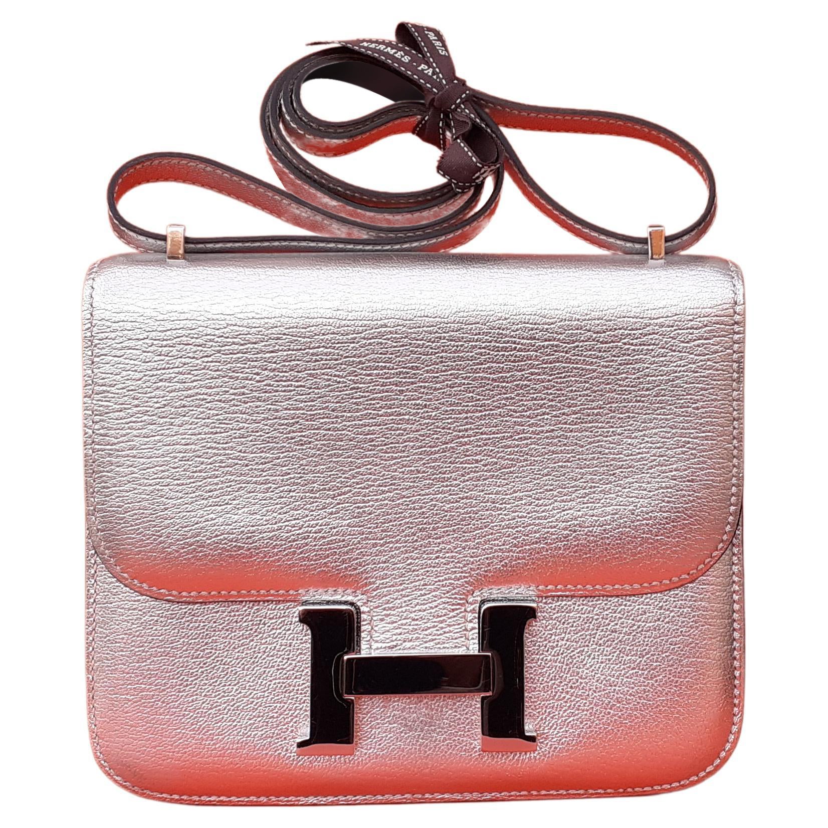 Exceptional Hermès Mini Constance Metallic Silver Chevre Leather Phw 18 cm  For Sale