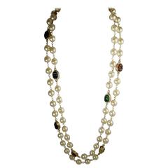 LONG Vintage 80s Signed Chanel Gripoix Glass & Faux Pearl Necklace Sautoir