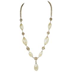 Vintage 80s French Baroque Faux Pearl & Rhinestone Pendant Necklace