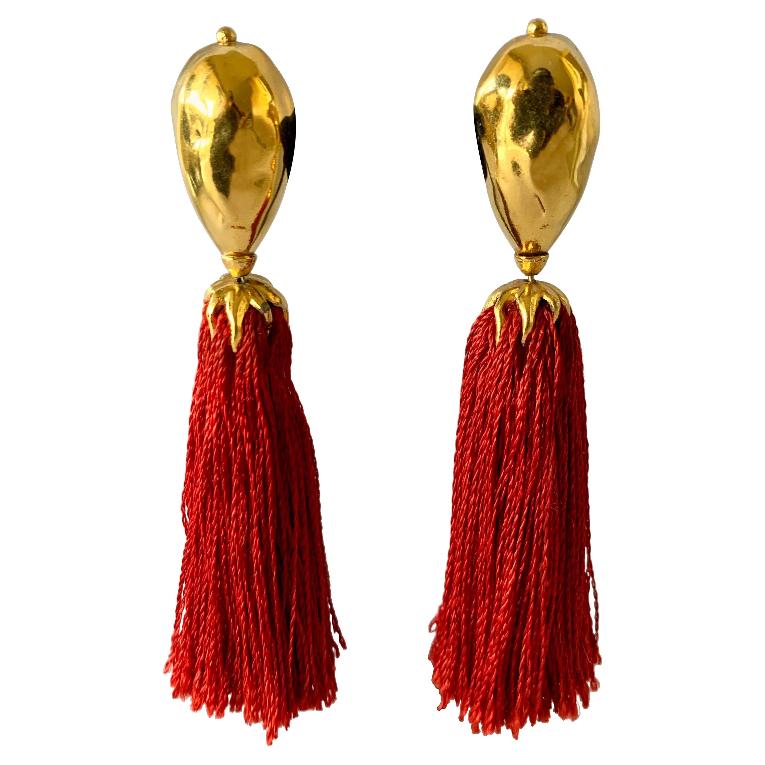 Vintage Yves Saint Laurent Flame Red Tassel Earrings 