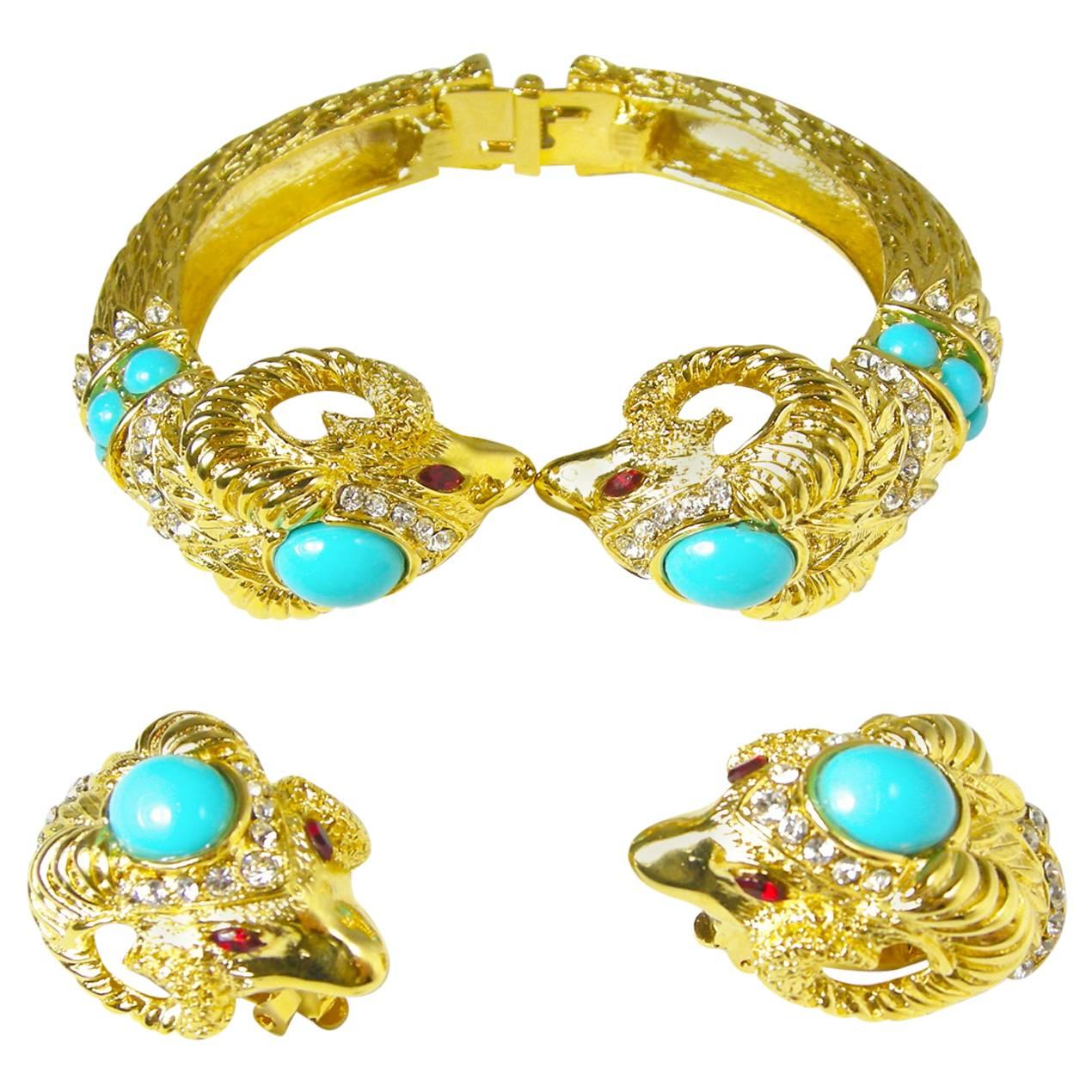 Kenneth Jay Lane Turquoise Ram Bracelet & Earrings Set