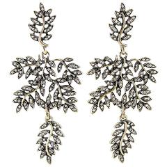 Vintage 80s Rhinestone Leaves Floral Drop Earrings