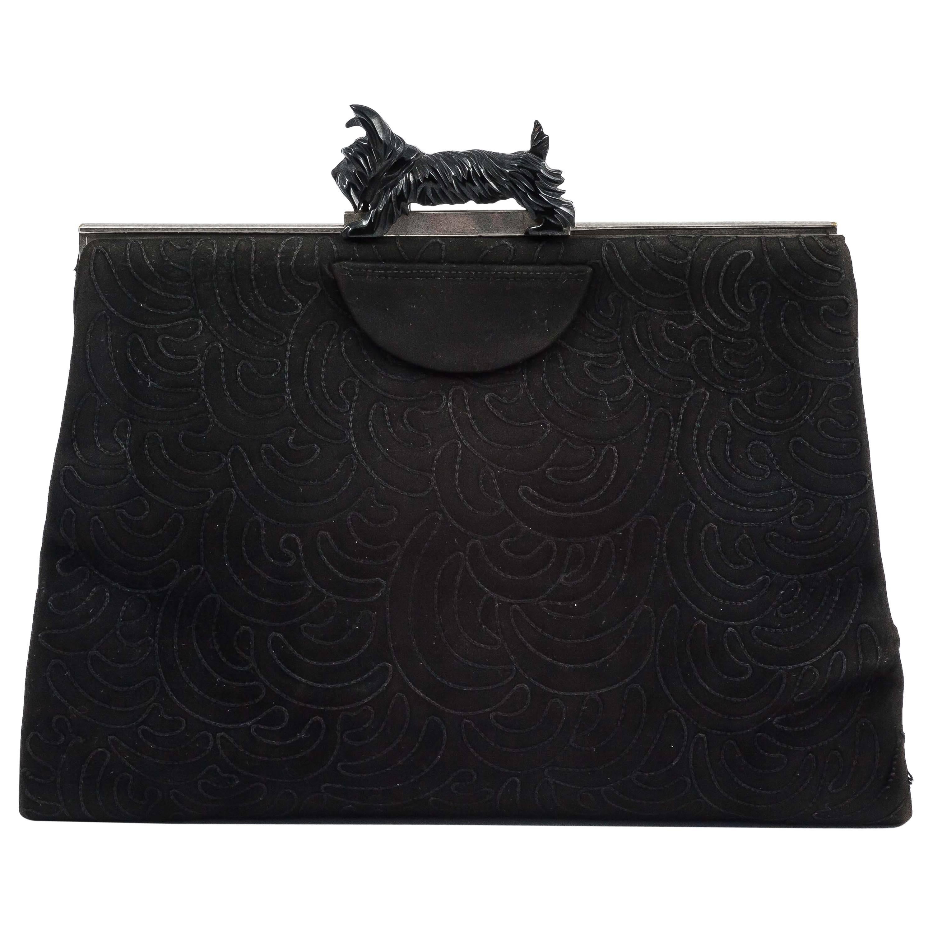 Black stitched suede and chrome clutch with bakelite 'Scottie Dog' clasp, 1930s