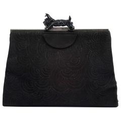 Vintage Black stitched suede and chrome clutch with bakelite 'Scottie Dog' clasp, 1930s