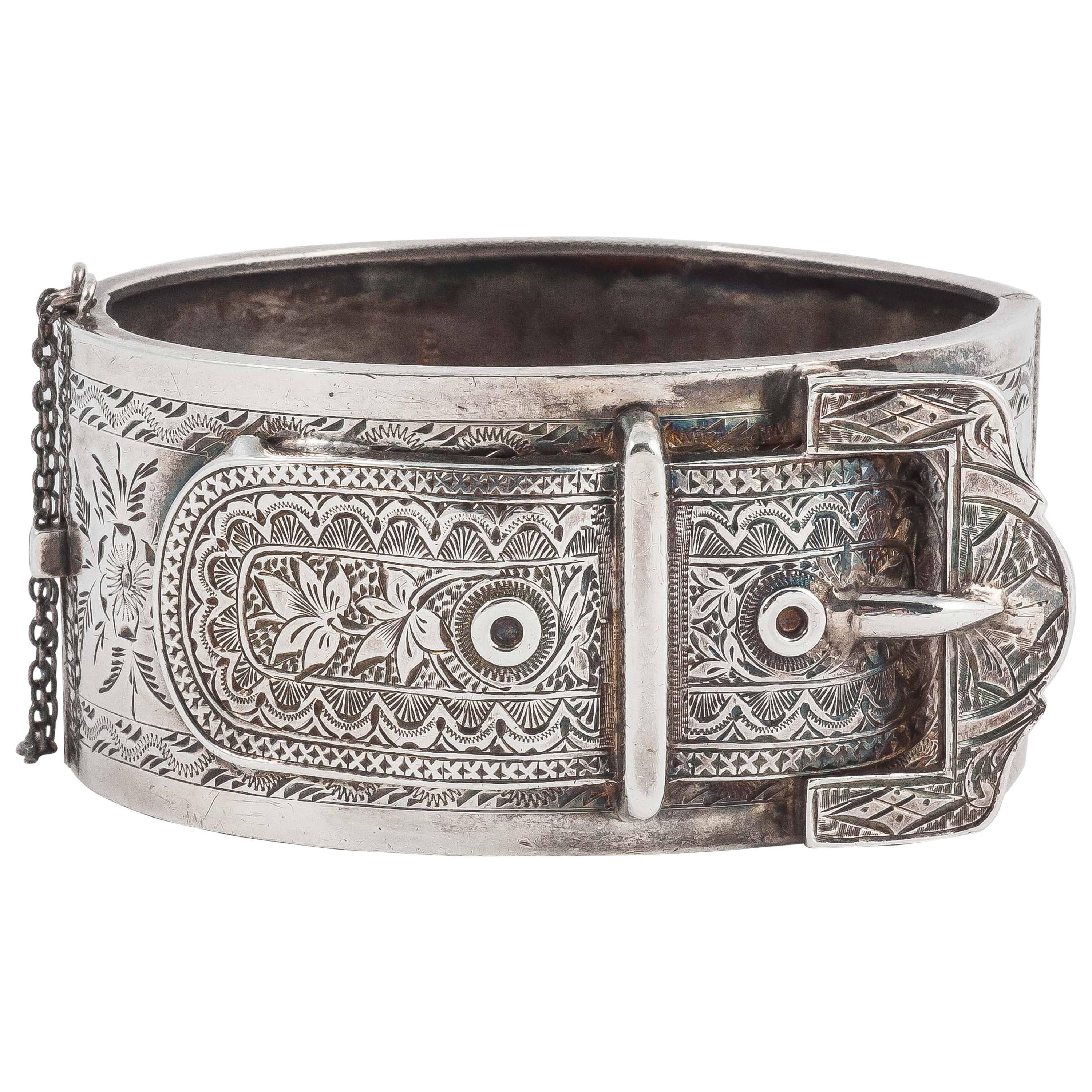 Lovely English Victorian silver buckle cuff bracelet