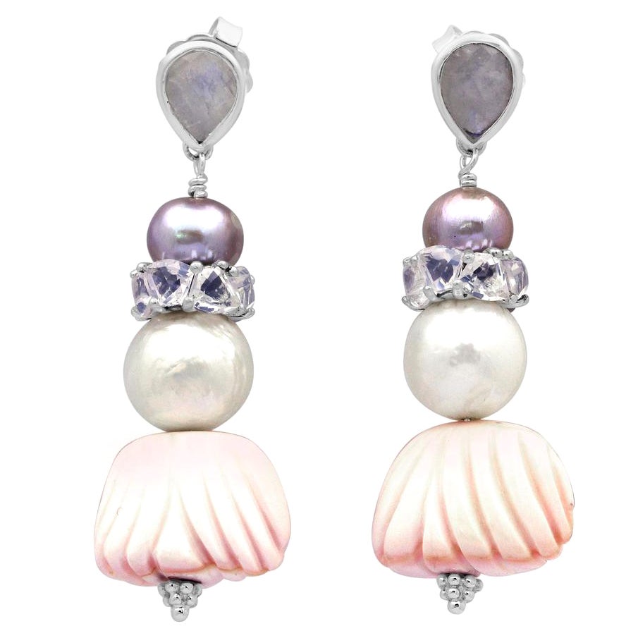 Rainbow Moonstone, Natural Pearls, and Lavender Moonstone Drop Earring