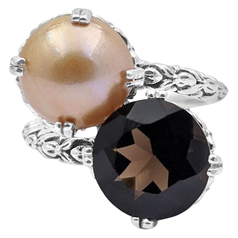 For Sale:  Pearl and Faceted Smoky Quartz Two-Stone Ring in Sterling Silver
