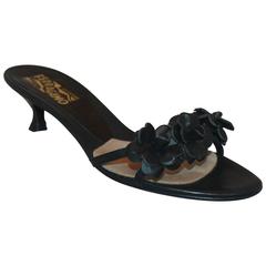 Salvatore Ferragamo Black Leather Sandal w/ 3 Leather Flowers & Kitten Heel - 7