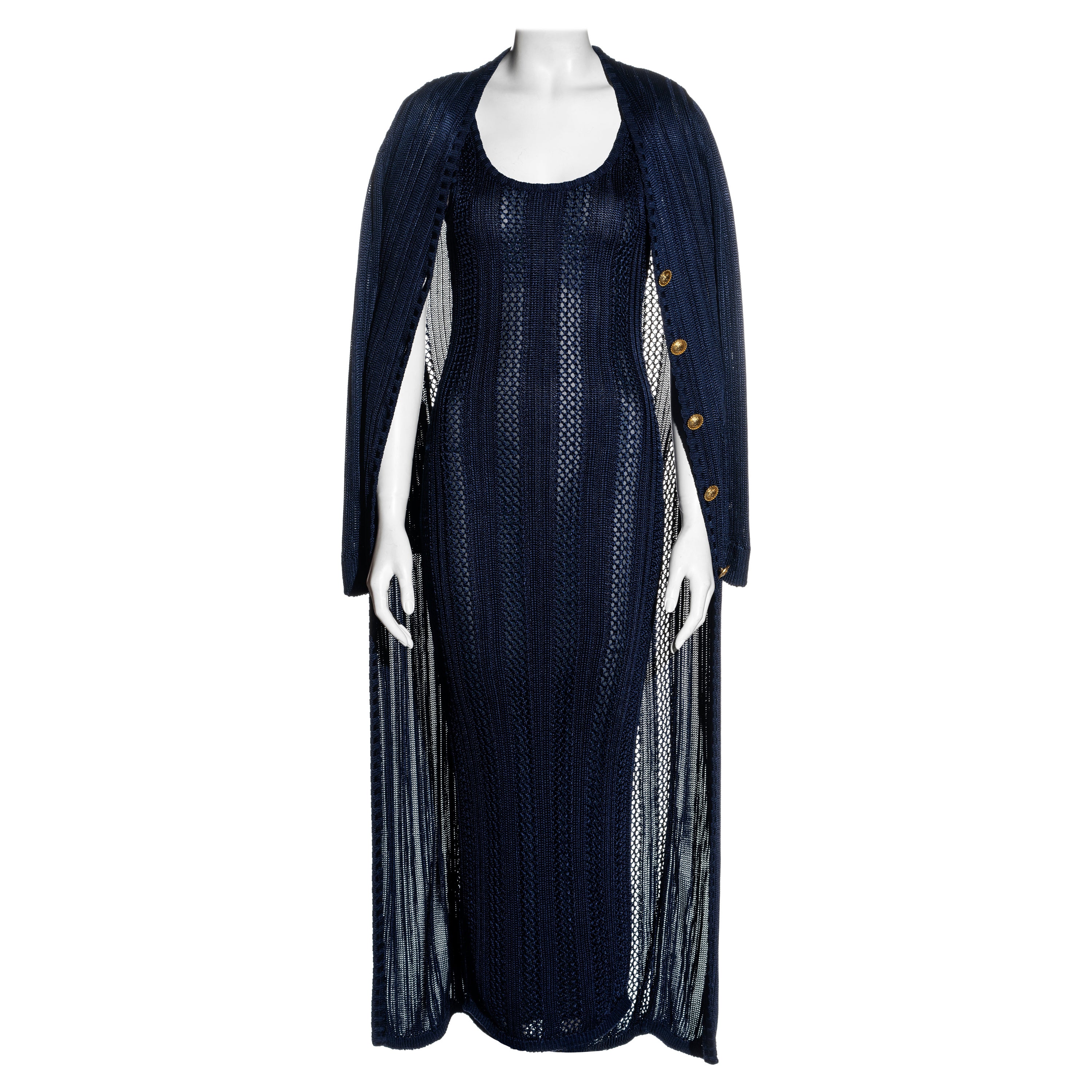 Gianni Versace navy blue open-knit bodycon dress and cardigan set, fw 1993