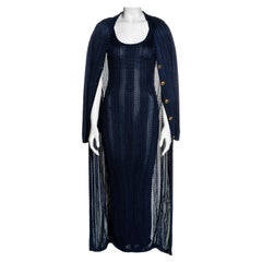 Retro Gianni Versace navy blue open-knit bodycon dress and cardigan set, fw 1993