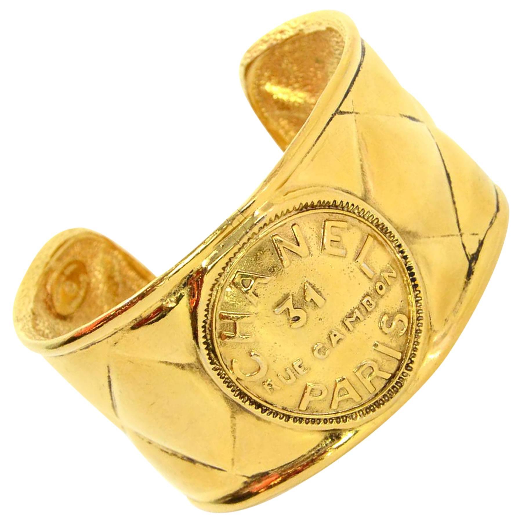 Chanel Vintage 70's Quilted Gold Cuff Bracelet